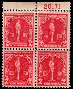 1930 Sc #688 Braddock plate block of 4 (not 6) MLH at top, trimmed; ECV $12.00 - Picture 1 of 2