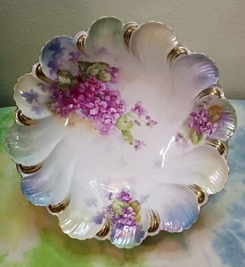 Antique Unmarked RS Prussia Footed Cabinet Bowl~Lilac Floral Gold Petal Rim 10" - Picture 1 of 11