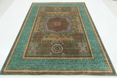 6 x 8 ft Turquoise Green Mamluk Afghan Hand Knotted Veg dyes Wool Medallion Rug - Image 1 of 4