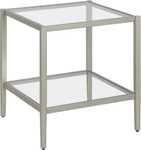 Henn&Hart 20" Wide Square Side Table with Glass Shelf in Satin Nickel, Bedroom - Picture 1 of 6