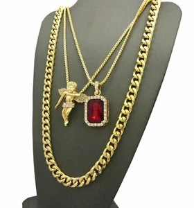 HIP HOP ICED ANGEL & RED RUBY PENDANT W/ BOX & CUBAN CHAIN BLING NECKLACE SET - Picture 1 of 6