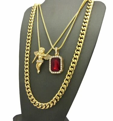 HIP HOP ICED ANGEL & RED RUBY PENDANT W/ BOX & CUBAN CHAIN BLING NECKLACE SET - Image 1 of 4