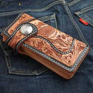 CUSTOM SKULL TATTOO GENUINE LEATHER BIKER WALLET NEW BEIGE LIGHT BROWN BIKER - Picture 1 of 8