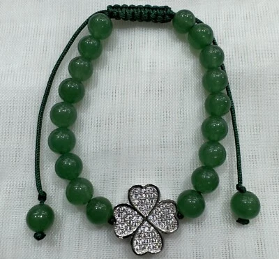 Handmade Unique 5”~10” Adj Bracelet with Cubic Zirconia (CZ) Clover, Aventurine - Image 1 of 2