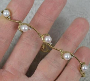 9 Carat Gold Pearl and Diamond Bracelet 7 1/4" Long - Picture 1 of 13