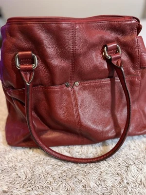 Tignanello Red Leather Handbag Medium Sized Purse With Silver Hardware - Image 1 of 4