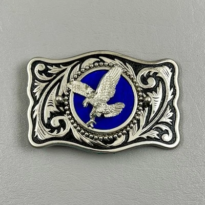 Hebilla de cinturón Flying American Eagle tono plata occidental 3,5x2,25" azul vaquero Foto 1 de 4