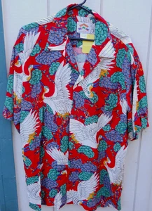 VINTAGE CLASSIC MEN'S RED & WHITE CRANE DESIGN HAWAIIAN SHIRT SZ XL BY PINEJUICE - Picture 1 of 6