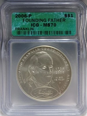 2006 P $1 Ben Franklin Founding Father Silver Commemorative. ICG MS70. Vid SL186 - Image 1 of 4