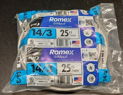 Southwire 25FT 14/3 Solid Romex SIMpull CU NM-B W/G Indoor Wire - Image 1 of 3