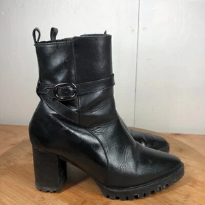 Massimo Dutti Boots 38 Womens 7 Black Leather Block Heel Zip Up Fur Lined Buckle - Picture 1 of 16