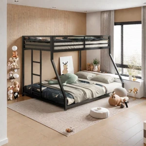 Twin over Full Bunk Bed Low Profile Metal Bed Frame with Ladder and Guardrails - Picture 1 of 12
