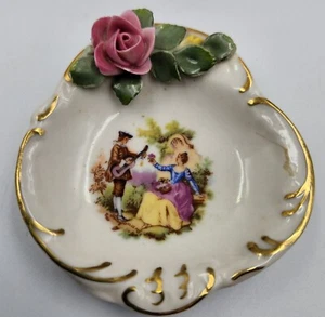 Vintage Dresden Germany 60's Trinket Ring Dish 3D Pink & Yellow Roses Gold Trim - Picture 1 of 4