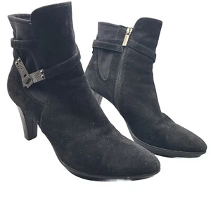 Aquatalia women ankle boots black Leather suede Buckle high heel  sz 10 used - Picture 1 of 10