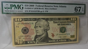 2009 $10 Ten Dollar Note 6 of a Kind Six Of A Kind 4s Fancy Serial Number PMG 67 - Picture 1 of 2