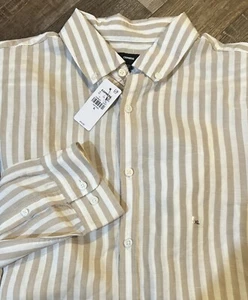 Express Button Down Linen Blend Long Sleeve Shirt Sz XL Men Tan White Striped - Picture 1 of 8