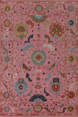 Traditional Pink Oushak Floral Oriental Rug 9x12 Wool Handmade Room Size Rug - Image 1 of 4