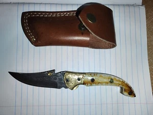 Camel Bone Handle Folding Pocket knife 100% Authentic Damascus Steel Hunt - Picture 1 of 2