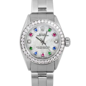 Rolex Ladies Oyster Perpetual Pink Mother Of Pearl Rainbow Dial Diamond Bezel - Picture 1 of 3