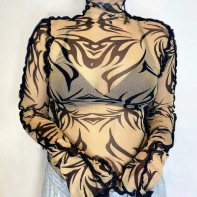 Camisa corta de malla amarilla cuello alto ropa de calle fiesta manga larga transparente Foto 1 de 4