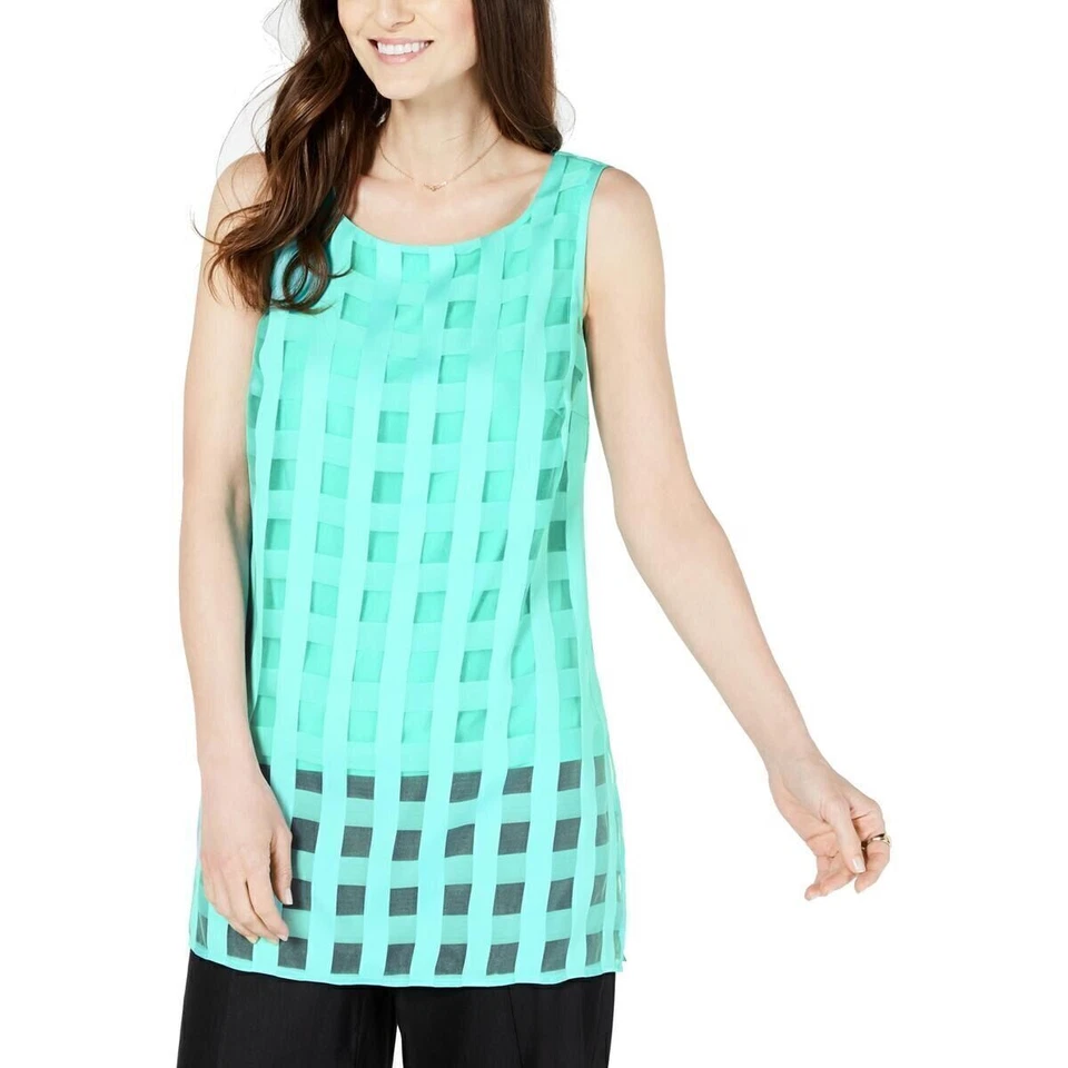Alfani Top Tank Round Neck Chiffon Gingham Women Teal Blue Sz S 368