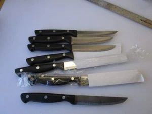 7 PCS. OSTER BLACK STEAK KNIVES NEW SET OF 7 FREE SHIPPING - Picture 1 of 7