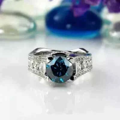 2.24 Ct Round Cut Lab Created Blue Diamond Wedding Ring In 14K White Gold Plated - Image 1 of 4