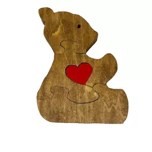 Statuina puzzle orso in legno macchiato fatto a mano vintage decorazione retrò 7" x 5,25" - Foto 1 di 7