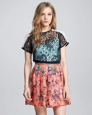 *NANETTE LEPORE* "FALDA DIGITAL" en Coral Multi Pájaros Talla 0 NUEVO CON ETIQUETAS $278 Seda Neón Foto 1 de 4