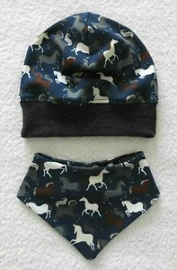  Handmade ♥ Mütze Beanie ♥ Halstuch ♥ 2 Tlg.Set ♥ Ponys ♥ Dunkelblau - Bild 1 von 2