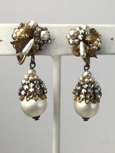 GREAT MARIAN HASKELL EARRINGS 2 SECTIONS LARGE PEARL DROP & STONES 1940s (C1433 - Picture 1 of 8