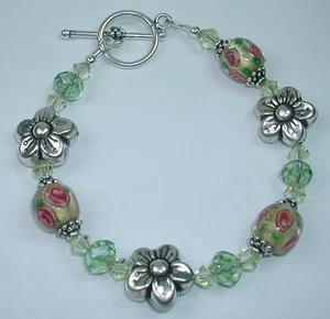 HANDMADE Gold LAMPWORK PINK FLOWERS CRYSTAL BRACELET Wedding - Picture 1 of 1