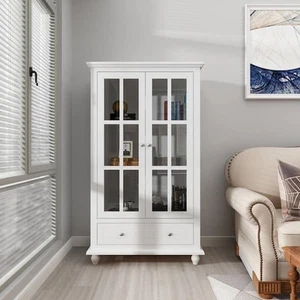 White Wooden Storage Cabinet with 3-Tier Shelves, 2 Doors and Drawer, Bedroom - Picture 1 of 10