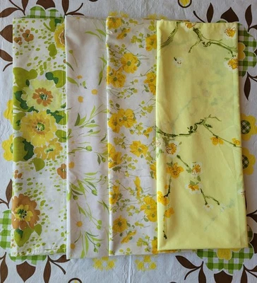 Vintage Mcm Flower Power Mismatched Pillowcase Set Of 4 Yellow Green Daisy - Изображение 1 из 4