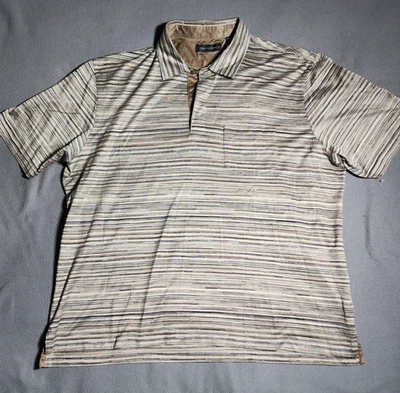 Jhane Barnes Polo Shirt Mens XXL Beige Brown Striped Print Short Sleeve Cotton - Image 1 of 4