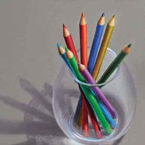 DANFORTH Colored Pencils, 8x8 still life original oil painting - Picture 1 of 3