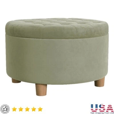 Large Round Button Tufted Storage Ottoman Green Lift Off Lid Living Room Use - Image 1 of 4