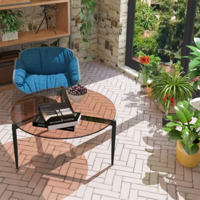 Round Sofa Side Table Tempered Glass Top Coffee Tea Table Garden Patio Furniture - Image 1 of 4