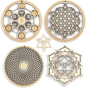 5.31" Sacred Geometry Wall Art 4 PCS Set, (Metatron Cube, 64 Tetrahedron, Torus, - Picture 1 of 12