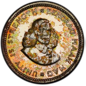 PR67 1964 South Africa 5 Cent Silver Proof, PCGS Trueview- Rainbow Toned - Picture 1 of 6