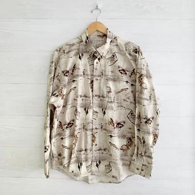 Vintage Crossings - Beige fishing theme button up cotton shirt, L - Image 1 of 4