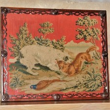 Mid-19th Century Woolwork of a Dog and Fox in a Carved Rosewood Frame