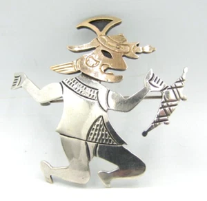 obo~! Vintage Peruvian Incian Deity Warrior Brooch Pin 18k Gold Sterling Silver - Picture 1 of 6