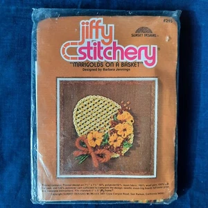 Vintage Jiffy Stitchery Ringelblumen auf einem Korb Crewel Kit 5"x7" Sonnenuntergang Design 215 - Bild 1 von 3