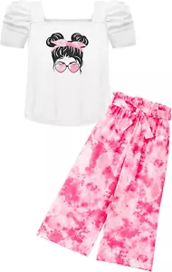 Girls 2 Pieces Outfits Kids Square Neck Puff Sleeve Tops and Pants Set with Pock - Picture 1 of 30