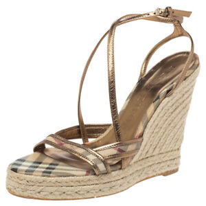 Burberry Gold/Beige House Check PVC and Patent Espadrille Ankle Strap Sandals