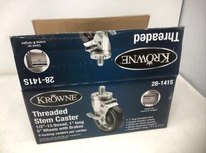 KROWNE THREADED STEM CASTER 1/2"-13 1" LONG 5" WHEELS W/BRAKES 28-141S - NOS - Picture 1 of 3