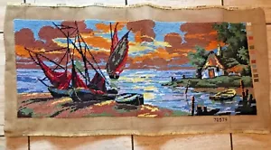 Vintage Needlepoint Bucilla Finished Wool Canvas Sailboats at Sunset - Picture 1 of 11