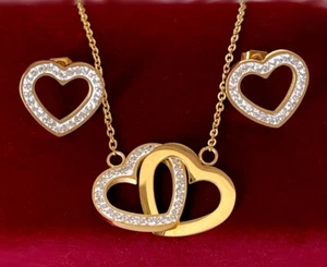 Schmuckset Doppelherz Kette Anhänger Ohrringe Zirkonia Edelstahl 24K Gold pl. - Bild 1 von 8
