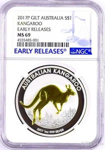 2017 P Australia GILDED Silver Kangaroo NGC MS 69 1 oz Coin w/OGP gilt ER LABEL - Picture 1 of 3